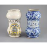 Two Italian maiolica albarello, Savonarola, early 18th centurythe first painted in polychrome with