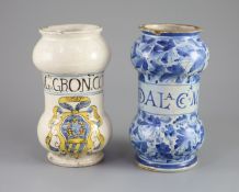 Two Italian maiolica albarello, Savonarola, early 18th centurythe first painted in polychrome with