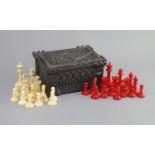 A Jaques of London red and white ivory 3 1/2" Staunton chess set, c.1850,with Carton Pierre casket,