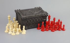 A Jaques of London red and white ivory 3 1/2" Staunton chess set, c.1850,with Carton Pierre casket,