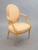 A George III giltwood open armchair,with upholstered back, arms and seat, the moulded frame carved