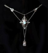 An early 20th century Arts & Crafts silver and nine stone cabochon black opal set drop pendant