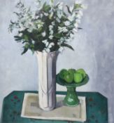 § Marysia Donaldson Scottish, fl.1961-1989)Still life with flowers in a vase and a bowl of fruitoil