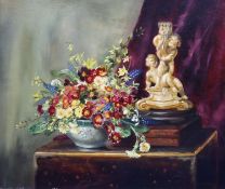 § Cecil Kennedy (1905-1997)Still Life of flowers in a bowl and a porcelain candlestickOil on