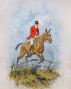 George Wright (1860-1942)Horse and huntsman taking a fenceOil on canvasInitialled25.5 x 20 cm. see