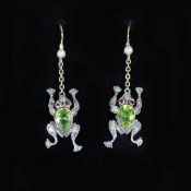 A pair of novelty early to mid 20th century gold, peridot, ruby, diamond and seed pearl set drop