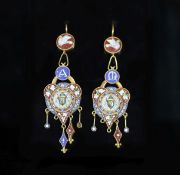 A good pair of Victorian Egyptian revival gold and micro mosaic set drop earrings(two drops