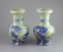 A pair of Chinese underglaze blue and copper red celadon ground vases, probably Republic periodeach