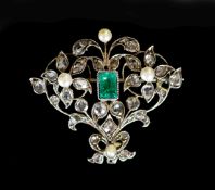 A 19th century silver and gold? emerald, pearl and rose cut diamond set drop brooch,of cartouche