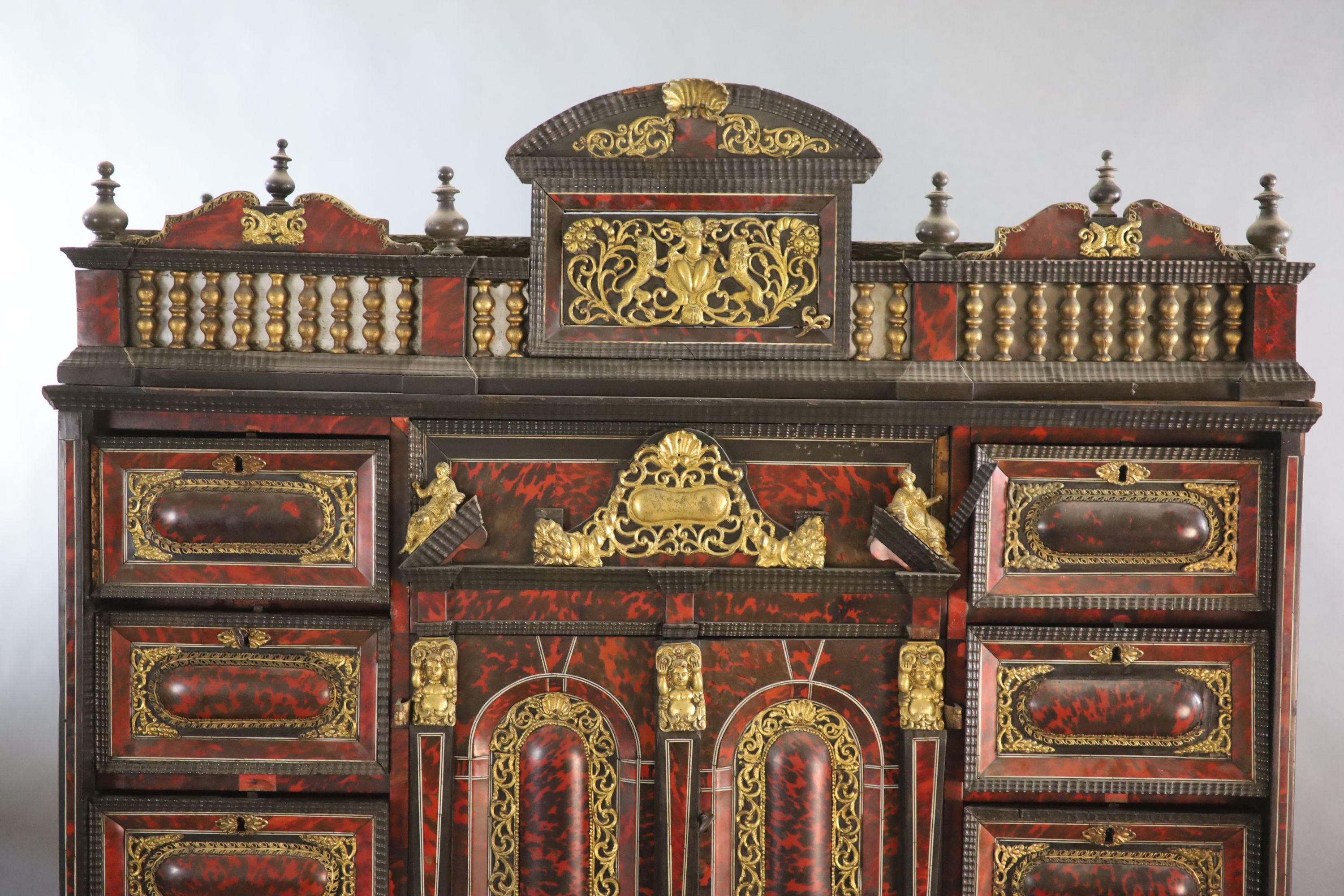 A late 17th century Portuguese ormolu mounted ebony and red tortoiseshell cabinet on stand,of - Image 4 of 7