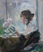 § Sherree Valentine Daines (1959-)Interior with woman readingoil on boardinitialled22 x 18.5 cm.
