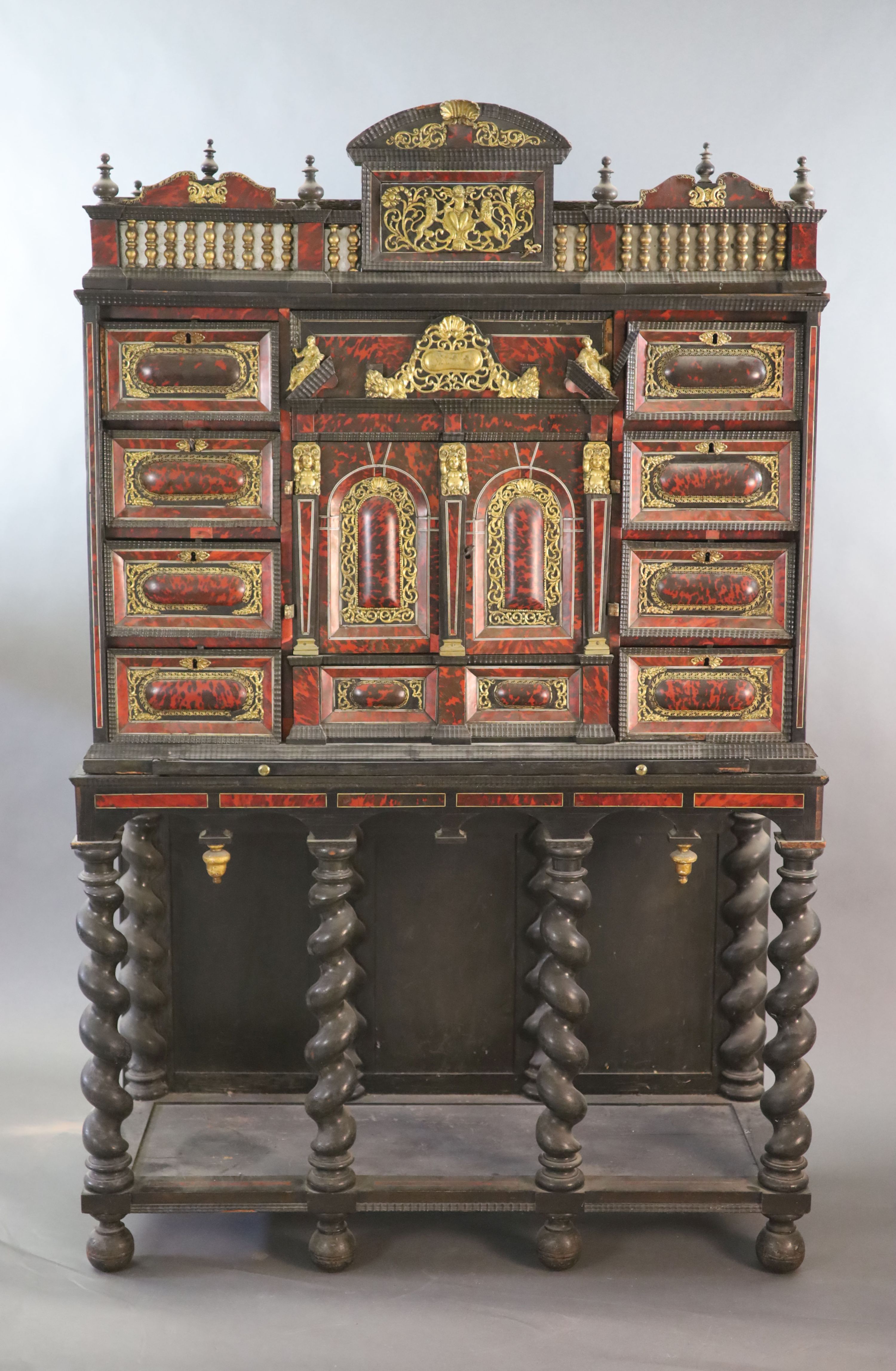 A late 17th century Portuguese ormolu mounted ebony and red tortoiseshell cabinet on stand,of - Image 2 of 7