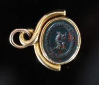 A Victorian gold, bloodstone and sardonyx set swivelling fob seal,both matrix carved with crests