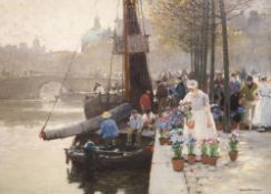 Hans Hermann (1858-1942)'Flower Market in Amsterdam'oil on canvassigned41 x 57 cm.