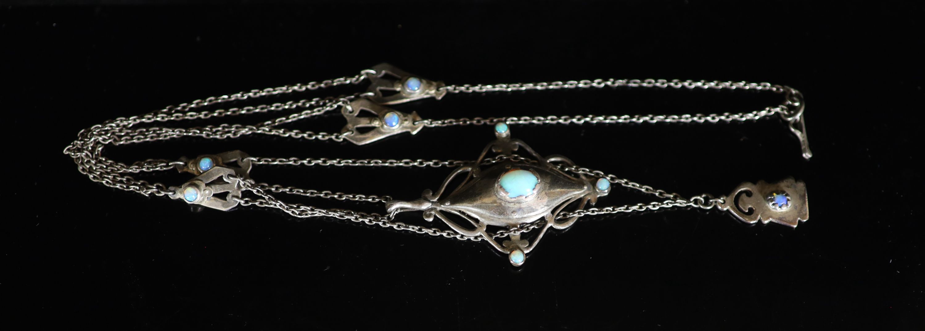 An early 20th century Arts & Crafts silver and nine stone cabochon black opal set drop pendant - Image 4 of 4