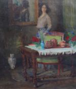 Frank Spenlove Spenlove (1868-1933)Interior with woman standing beside a tea tableoil on