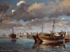 § John Godfrey Barnard Worsley (1919-2000)Mombasa, Old HarbourOil on boardSigned75 x 100 cm.
