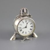 A late Victorian novelty silver equine related timepiece, by Edward H. Stockwell,of barrel form,