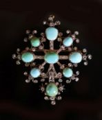 A Victorian gold, and silver, turquoise, old and rose cut diamond set pendant brooch,64mm, gross