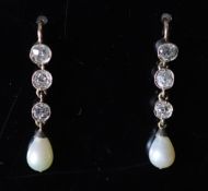 A pair of early 20th century gold and silver pear shaped cultured pearl and diamond set drop