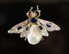 A Victorian gold, sapphire, rose diamond and freshwater pearl 'bee' brooch with ruby eyes,51mm,