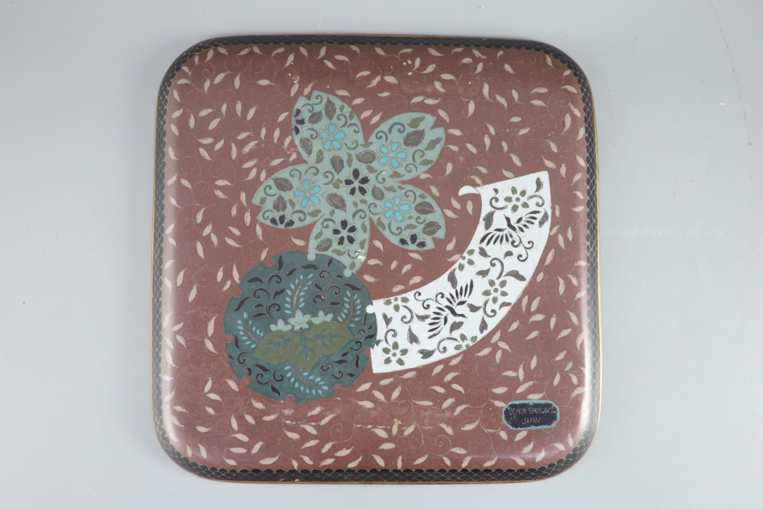 A Japanese square silver wire cloisonné enamel tray, Meiji period, mark for Deakin Bros & Co., - Image 3 of 4