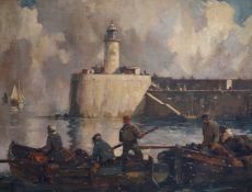 § William Hyams (1878-1952)The Lighthouse, NewhavenOil on canvas laid on boardInitialled, 1936