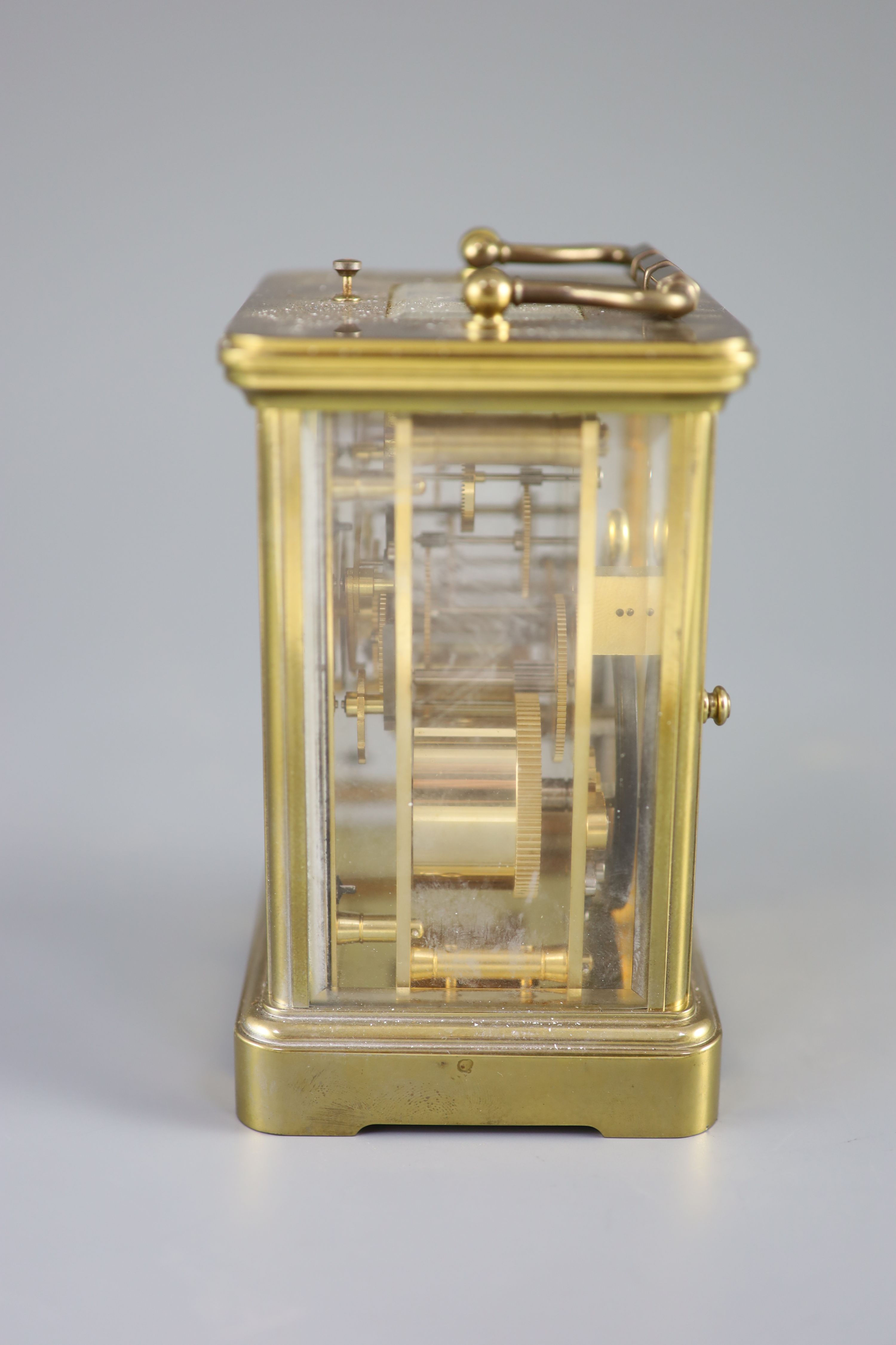 A large Swiss-made brass carriage clock, Matthew Norman, London, 20th centuryNo 1751A, white dial - Image 3 of 5