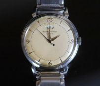 A gentleman's 1960's? steel Jaeger LeCoultre automatic wrist watch,with baton and quarterly Arabic