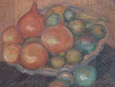 Vladimir Polunin (Russian, b.1880)Still life of fruit and onions in a bowloil on canvas boardsigned