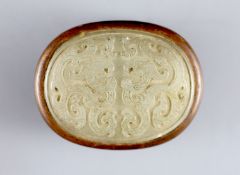 A Chinese pale celadon jade mounted box, 18th/19th century,the archaistic oblong jade plaque carved