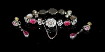 A silver and two colour paste set bracelet and a pair of gold and silver, marcasite and pink paste