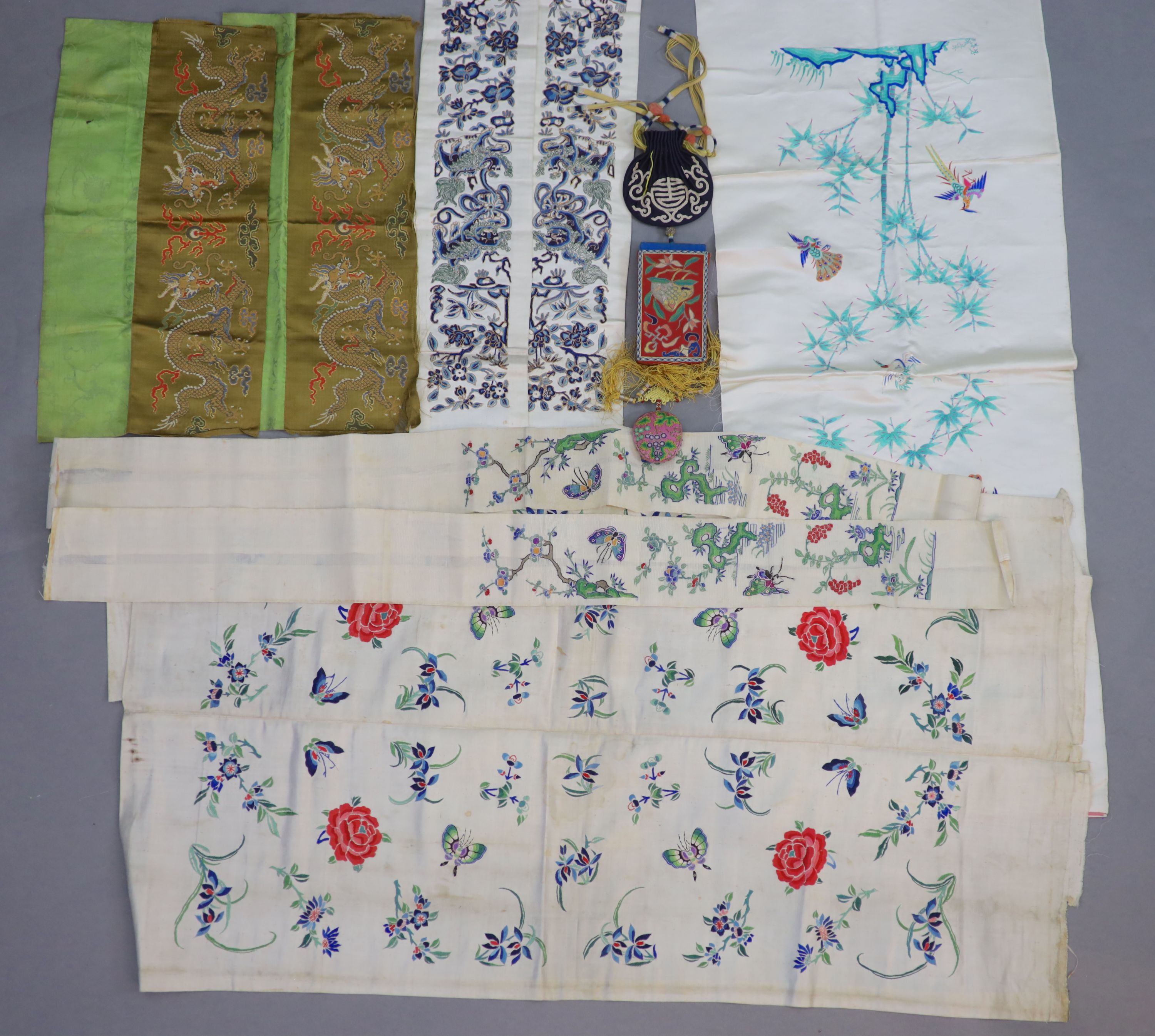 A group of Chinese embroidered silk items, late 19th/early 20th century,to include a silk purse