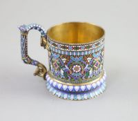 A late 19th century Russian 88 zolotnik silver and cloisonne polychrome enamelled tea glass holder,