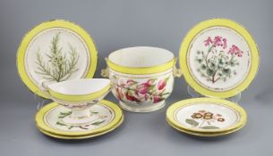 A group of Derby yellow ground botanical dessert and dinner wares, c.1790-1810,each piece painted
