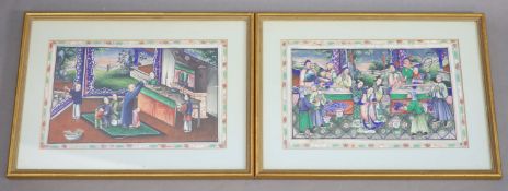 A pair of Chinese pith paintings of figures in interiors, 19th century,depicting court scenes, the