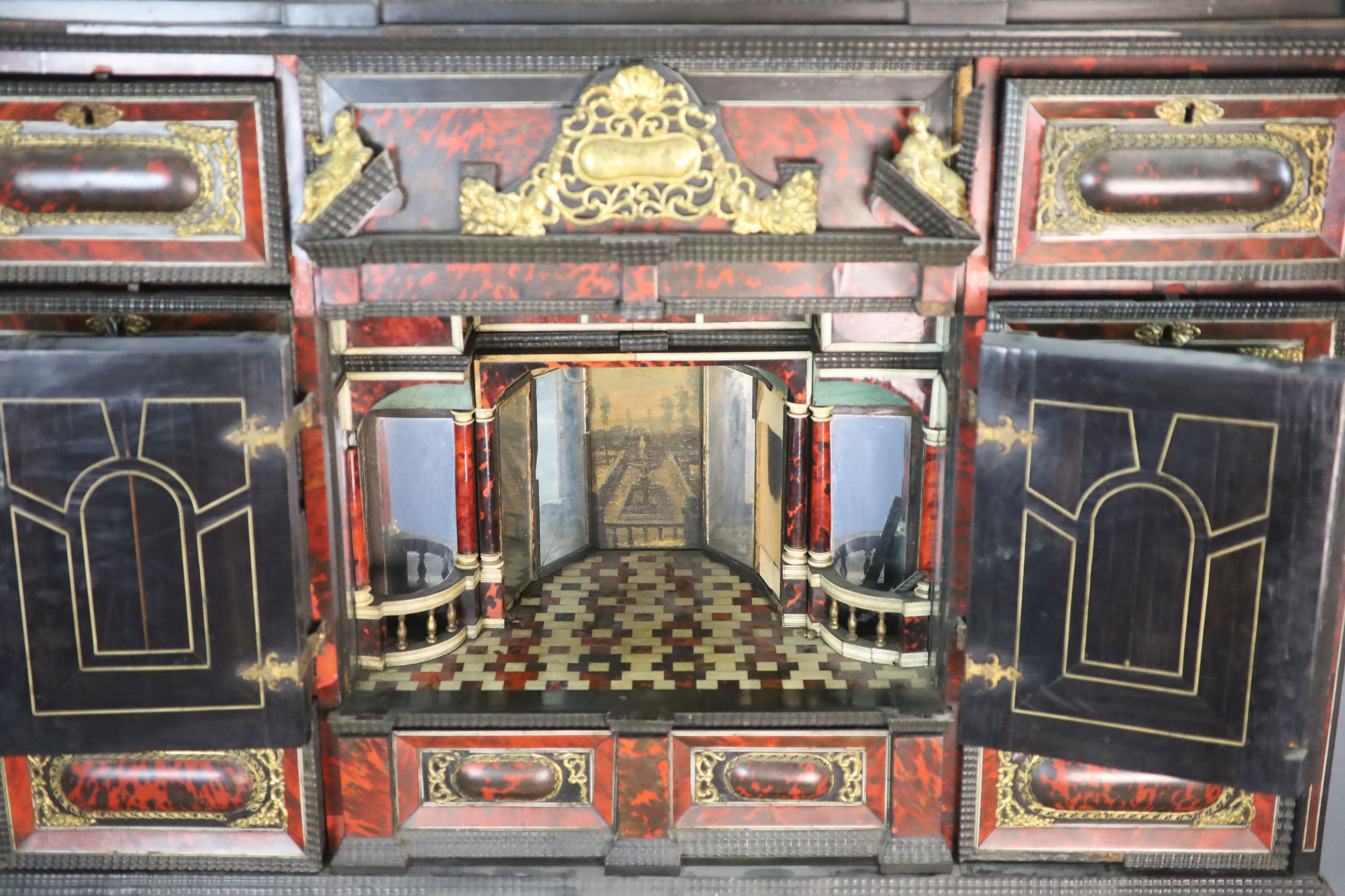 A late 17th century Portuguese ormolu mounted ebony and red tortoiseshell cabinet on stand,of - Image 7 of 7