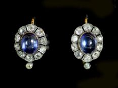 A pair of 19th century gold and silver, cabochon sapphire? and diamond set oval cluster earrings,