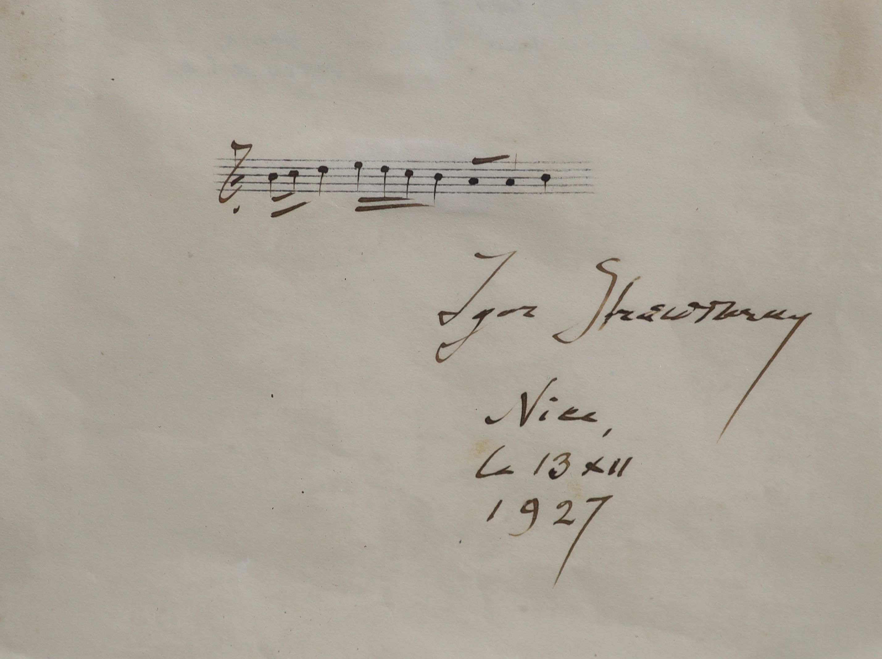 Igor Stravinsky, a signed card with hand-written musical bar,Dated Nice La 13 XII 192712.5 x 16 cm.