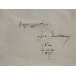 Igor Stravinsky, a signed card with hand-written musical bar,Dated Nice La 13 XII 192712.5 x 16 cm.