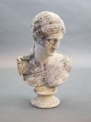 A large weathered white marble bust of a Grecian maiden, 19th centuryraised on an associated socle