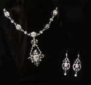 An ornate silver and paste set drop pendant necklace and pair of similar drop earrings,necklace