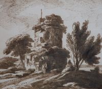 Richard Cooper Jnr. (1740-1814)Italian landscape with ruined temple and figurespen and brown ink on