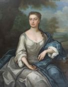 Circle of Sir Godfrey Kneller (1646-1723)Three quarter length portrait of a lady seated in a