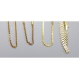Three assorted modern 9ct gold chains including ropetwist, longest 50cm and two colour 9ct gold