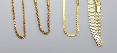 Three assorted modern 9ct gold chains including ropetwist, longest 50cm and two colour 9ct gold