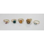 Five assorted modern 9ct gold and gem set dress rings, including bloodstone, garnet and blue