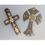 Two late 19th/early 20th century tortoiseshell and pique cross pendants,largest 65mm.