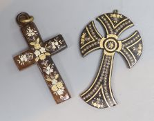 Two late 19th/early 20th century tortoiseshell and pique cross pendants,largest 65mm.