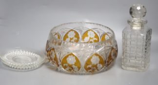A small collection of cut and moulded glassware including a Murano amber flash cut fruit bowl